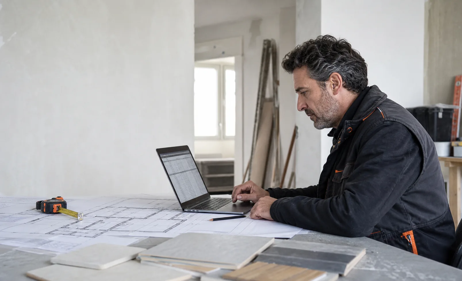 Professionista prepara un preventivo edile dettagliato al computer